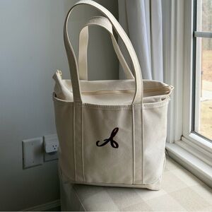 L.L. Bean Boat & Tote MEDIUM Cream Tote Bag with Embroidered Detail